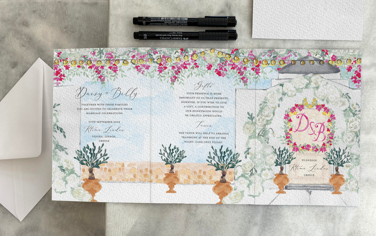 Premium Design Service, Bespoke Wedding Stationery, Luxury Hand Painted Folded Wedding Invitation Suite.