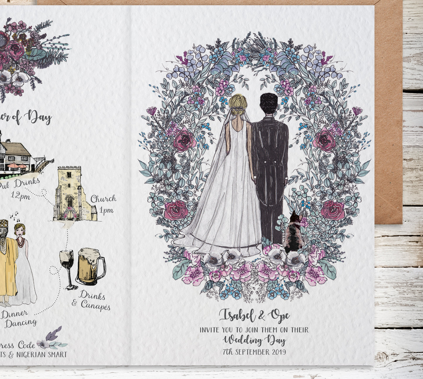 Couples Portrait Bespoke Wedding Invitation Design with Floral Garland