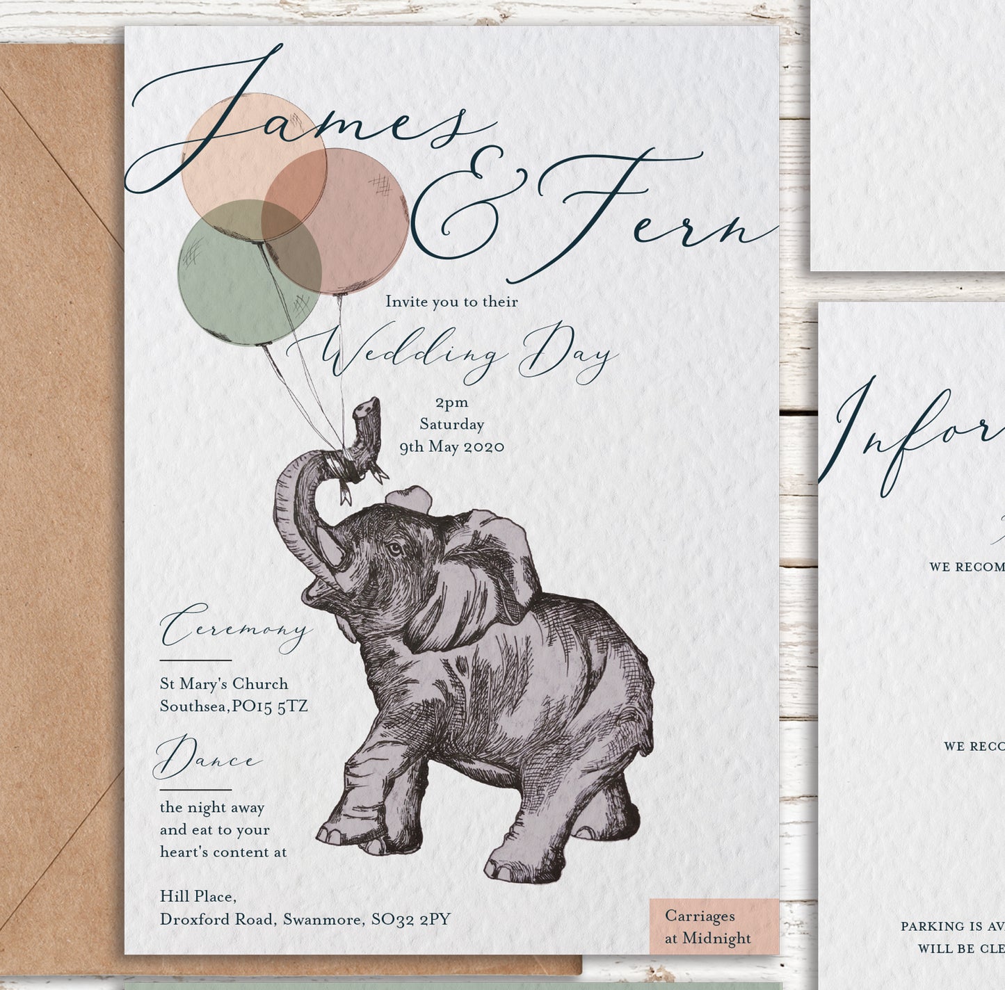 Elephant and Balloon Vintage Circus Themed Customised Wedding Invitation Set