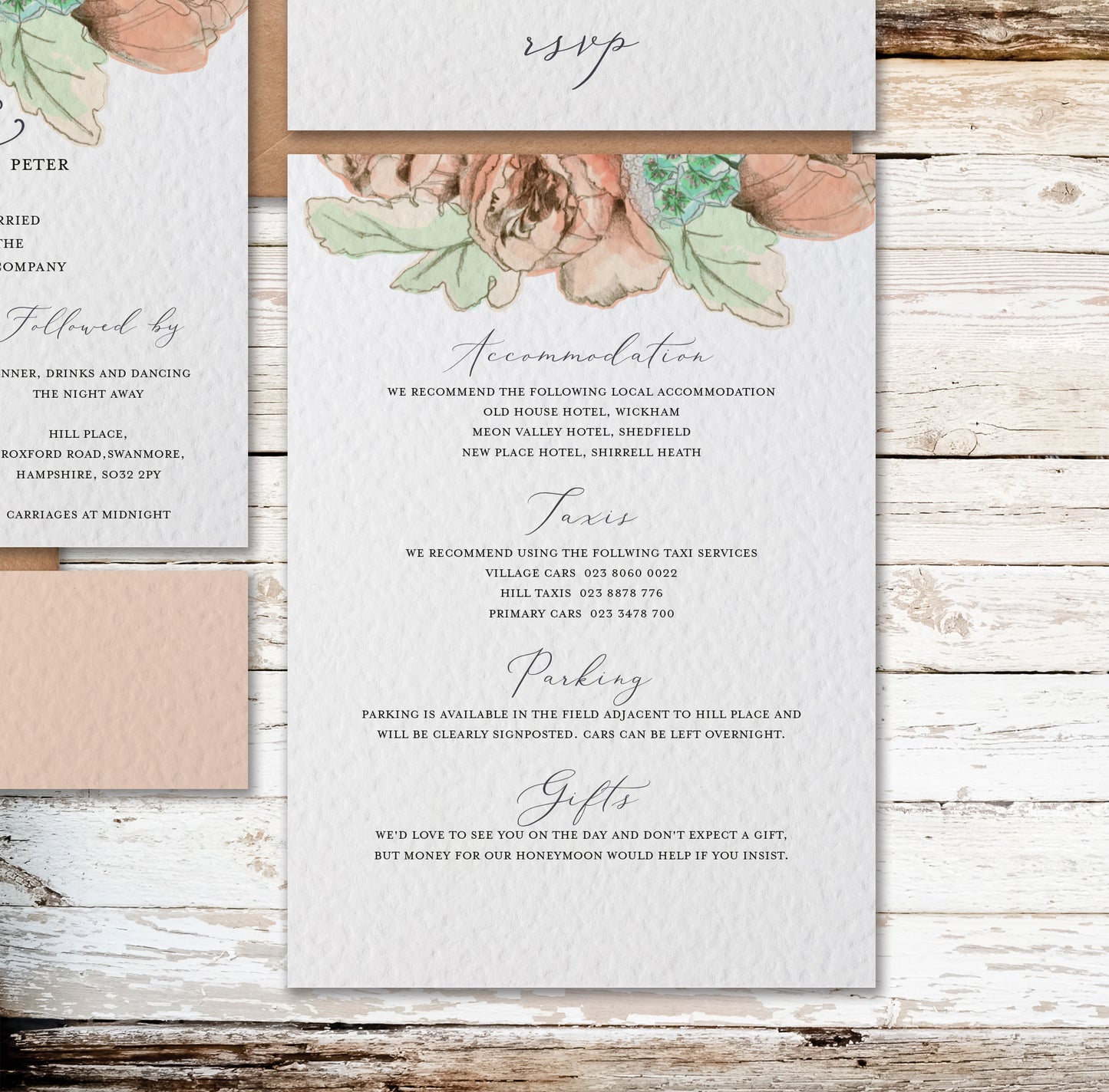 Dusky Rose Coral Pink and Pastel Green Customised Wedding Invitation Set