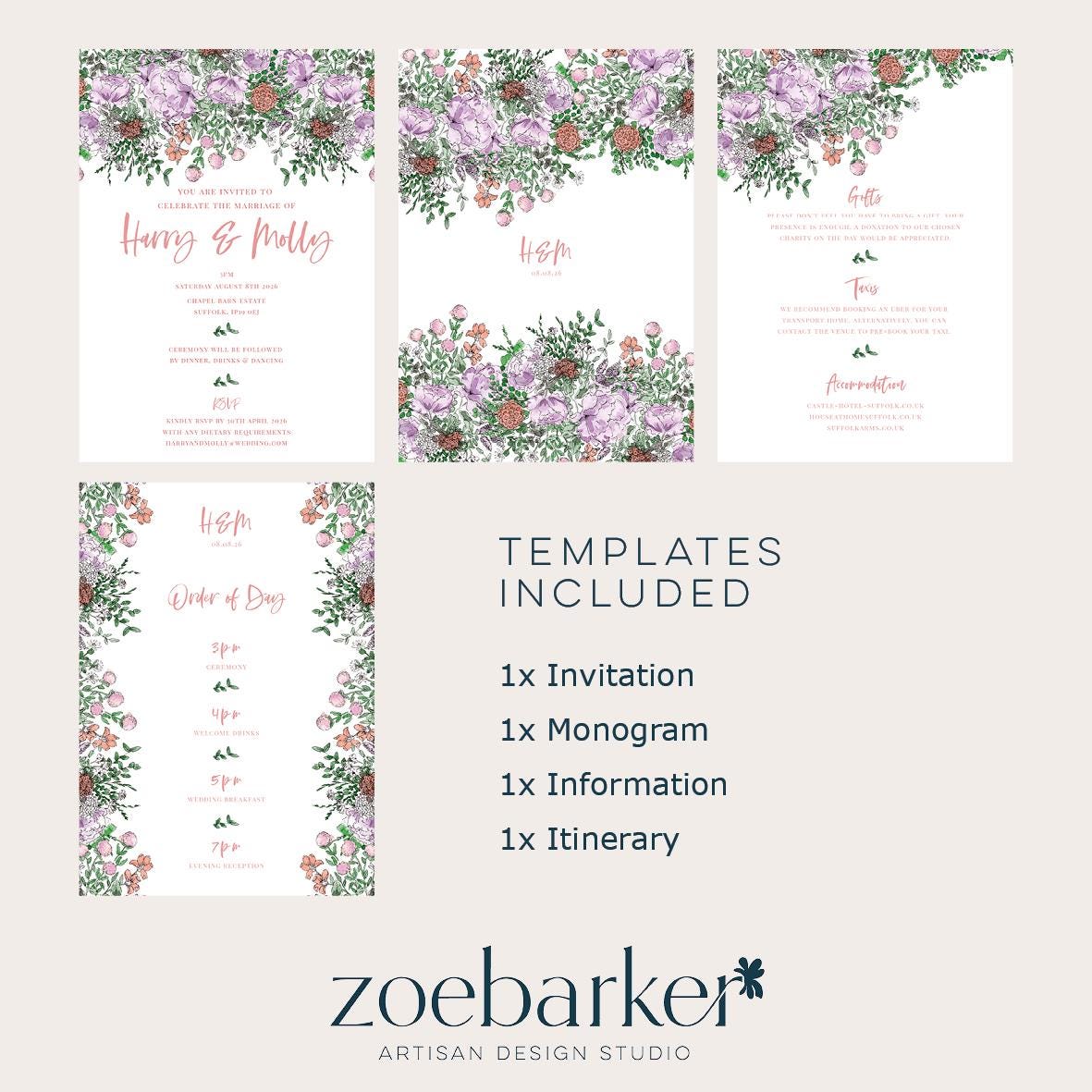 Hand Drawn Garden Wildflower Wedding Invitation Template, Optional Customisation & Print, Wedding Invite & Information, Colourful Spring Floral Printable EDITABLE Download