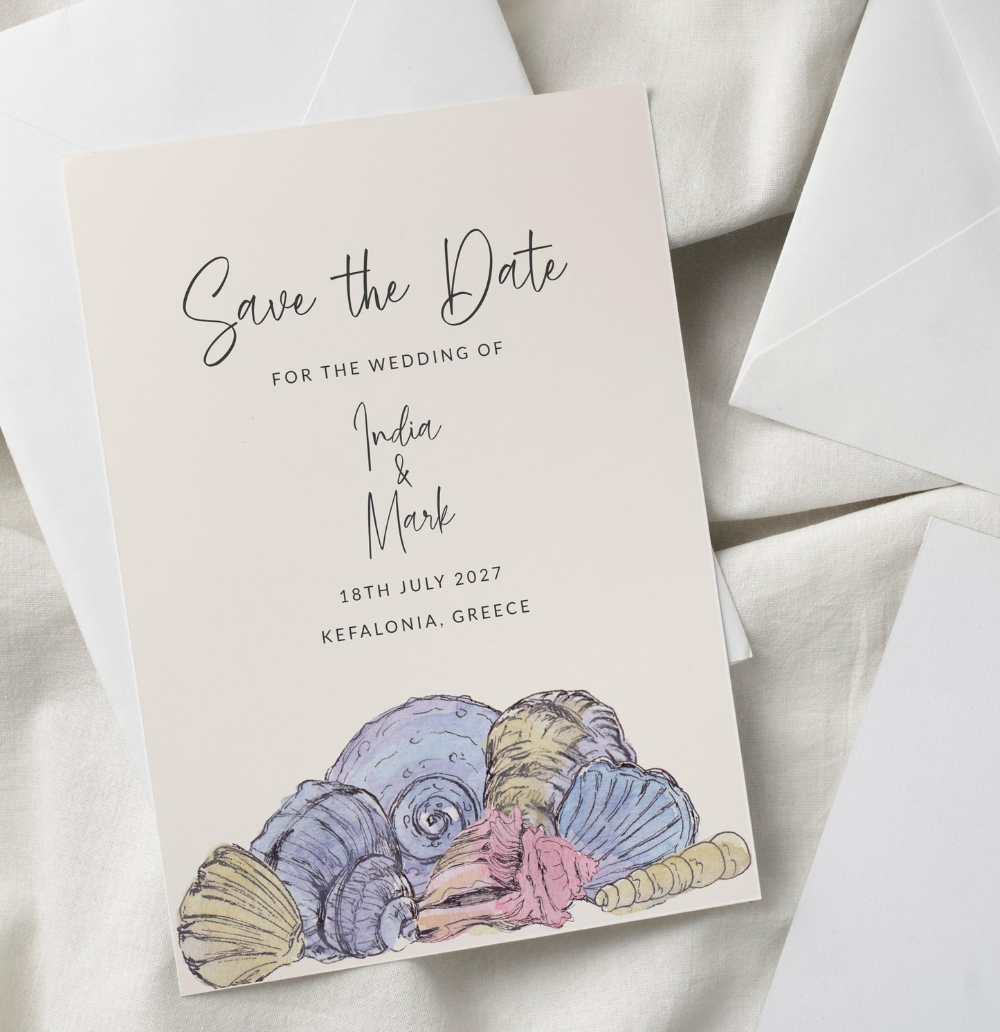 Sea Shells Greek Beach Themed Wedding Invitation with 8 TEMPLATES, Optional Customisation & Print, Wedding Invite, Pastel Coastal Scene Printable Elegant EDITABLE Download