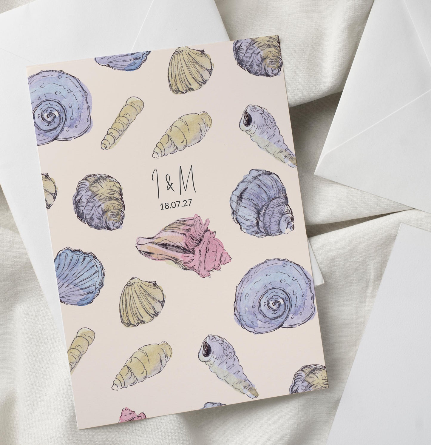 Sea Shells Greek Beach Themed Wedding Invitation with 8 TEMPLATES, Optional Customisation & Print, Wedding Invite, Pastel Coastal Scene Printable Elegant EDITABLE Download
