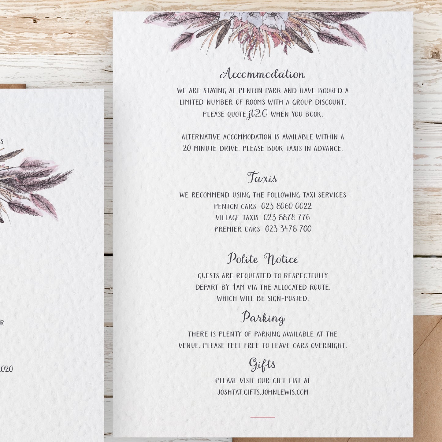 Information Card with Envelope, Bespoke Wedding Stationery