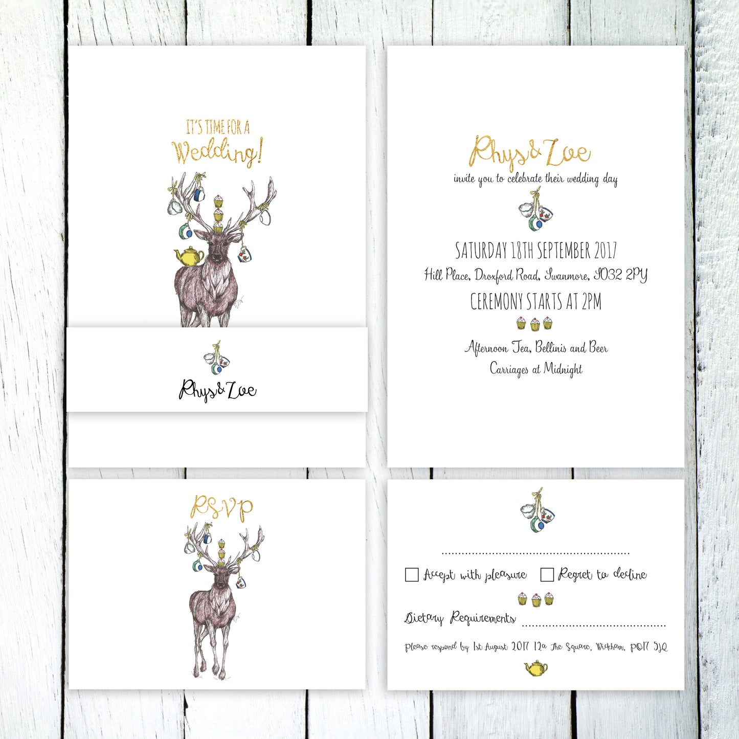 Stag with Tea Cups, Afternoon Tea Customised Wedding Invitation