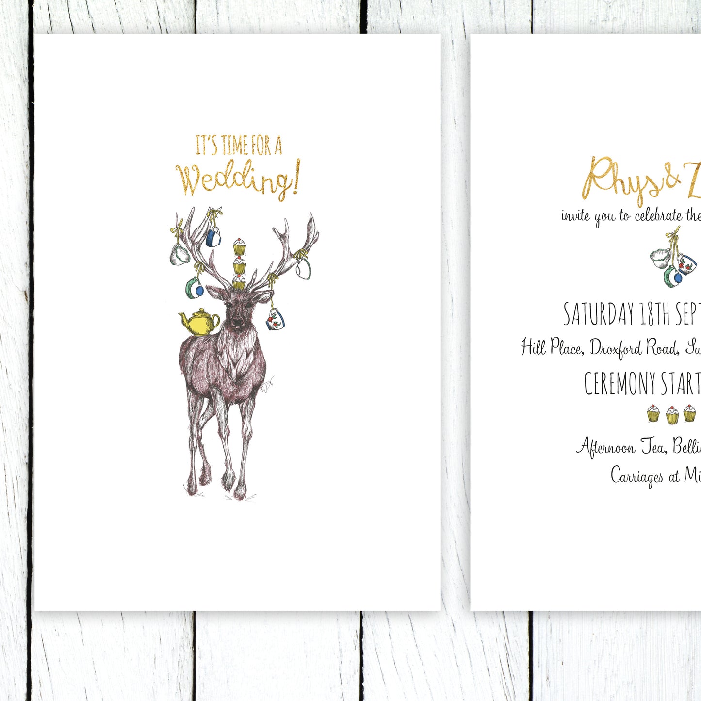 Stag with Tea Cups, Afternoon Tea Customised Wedding Invitation