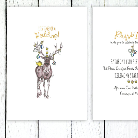 Stag with Tea Cups, Afternoon Tea Customised Wedding Invitation