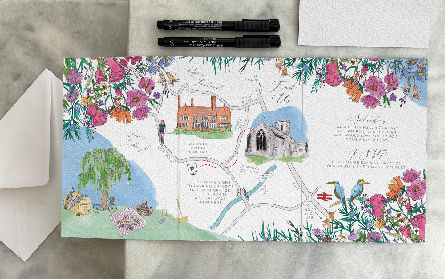 English Country Garden, Rural Countryside Wedding Destination Invitation Design