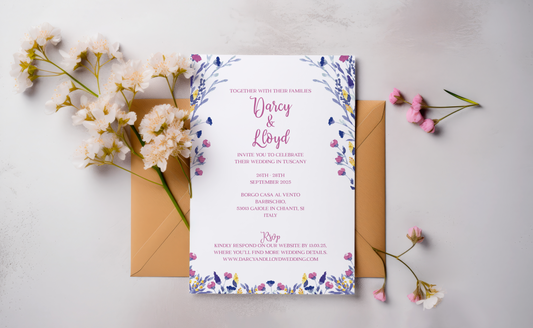 Tuscan Blue Wild Flower Border Customised Wedding Invitation