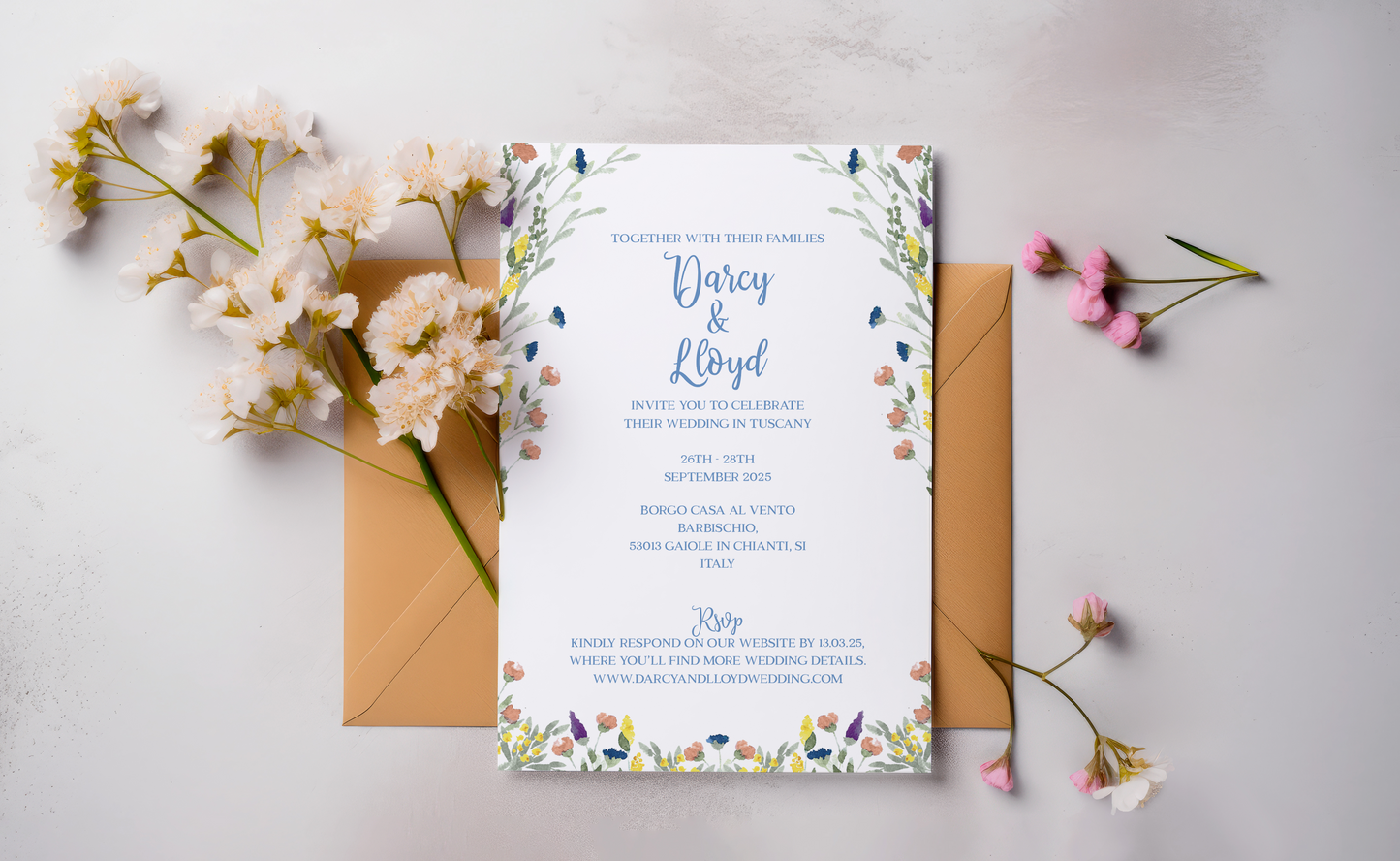 Tuscan Green Wild Flower Border Customised Wedding Invitation