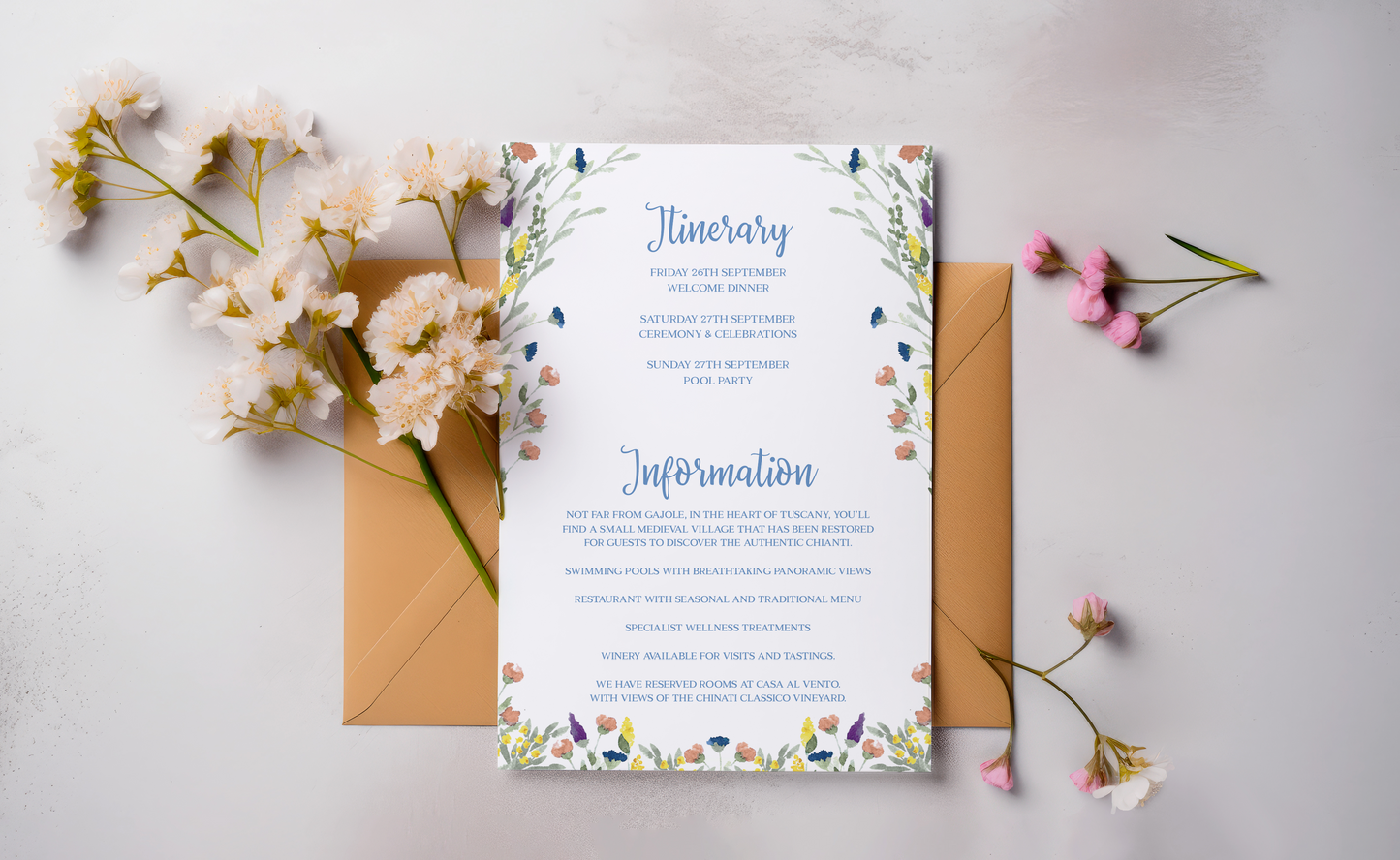 Tuscan Green Wild Flower Border Customised Wedding Invitation