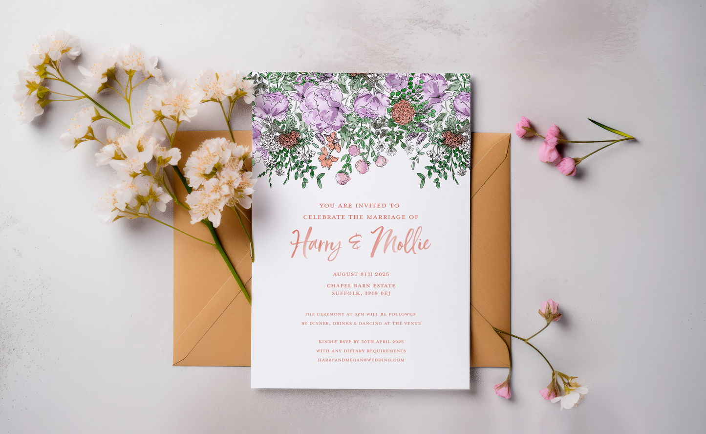 Sage Countryside Wild Flower Garden Customised Wedding Invitation