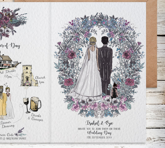 Couples Portrait Bespoke Wedding Invitation Design with Floral Garland