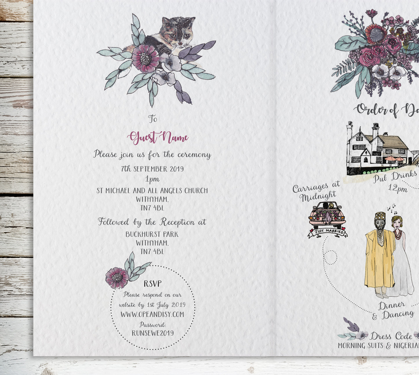 Couples Portrait Bespoke Wedding Invitation Design with Floral Garland