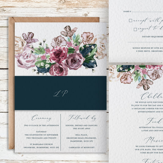 Vintage Bouquet Jewel Coloured Floral Customised Wedding Invitation