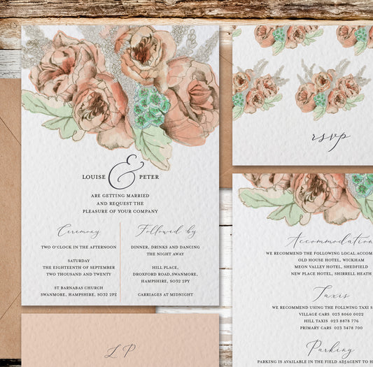 Dusky Rose Coral Pink and Pastel Green Customised Wedding Invitation Set