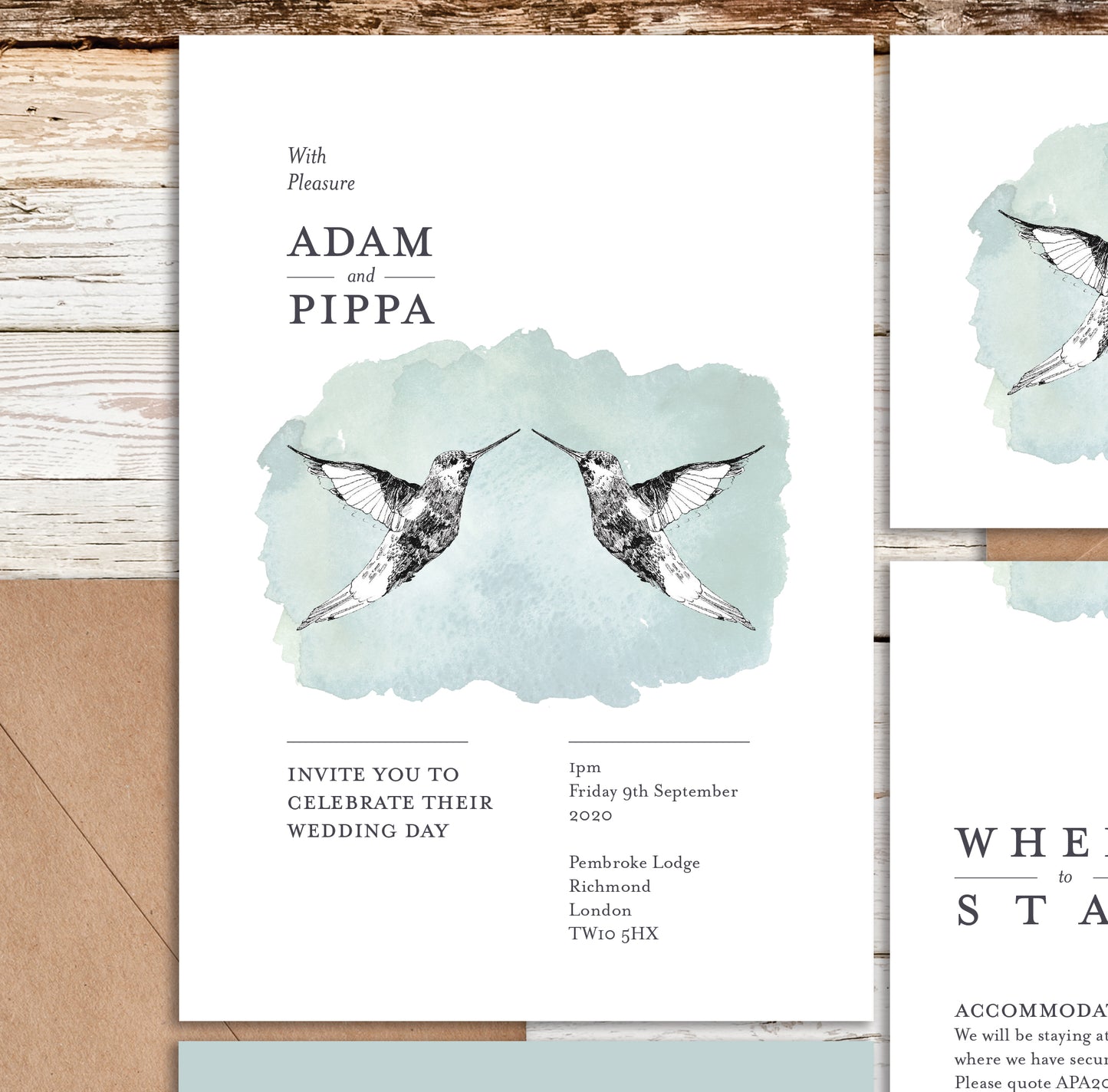 Hummingbird Vintage Themed Customised Wedding Invitation Set