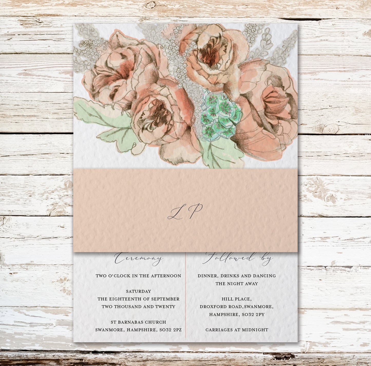 Dusky Rose Coral Pink and Pastel Green Customised Wedding Invitation Set