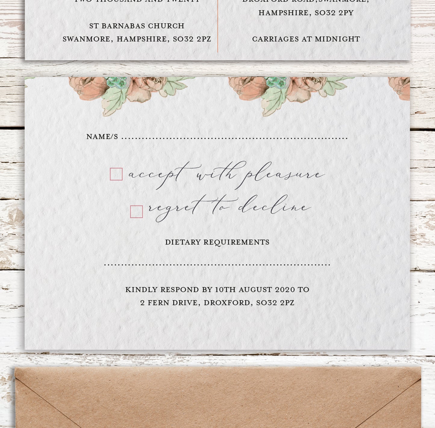 Dusky Rose Coral Pink and Pastel Green Customised Wedding Invitation Set