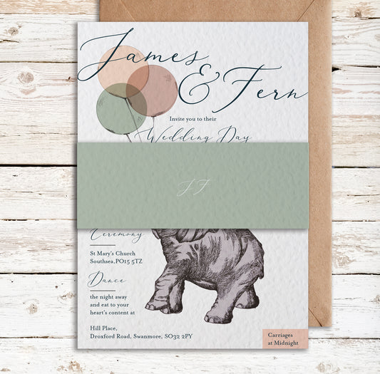 Elephant and Balloon Vintage Circus Themed Customised Wedding Invitation Set