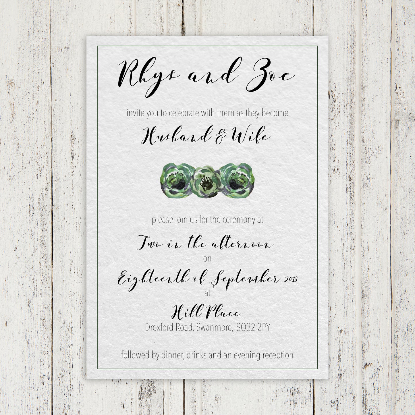 Vintage Green Flowers, Customised Wedding Invitation Set