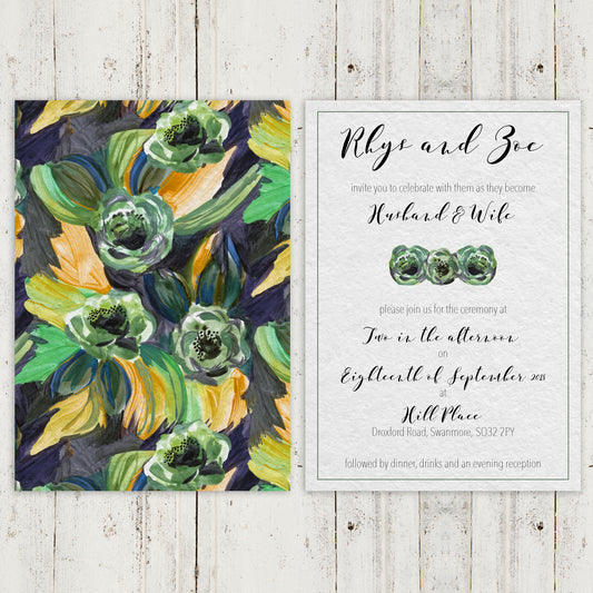 Vintage Green Flowers, Customised Wedding Invitation Set