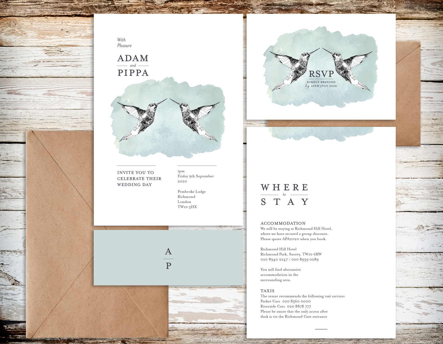 Hummingbird Vintage Themed Customised Wedding Invitation Set