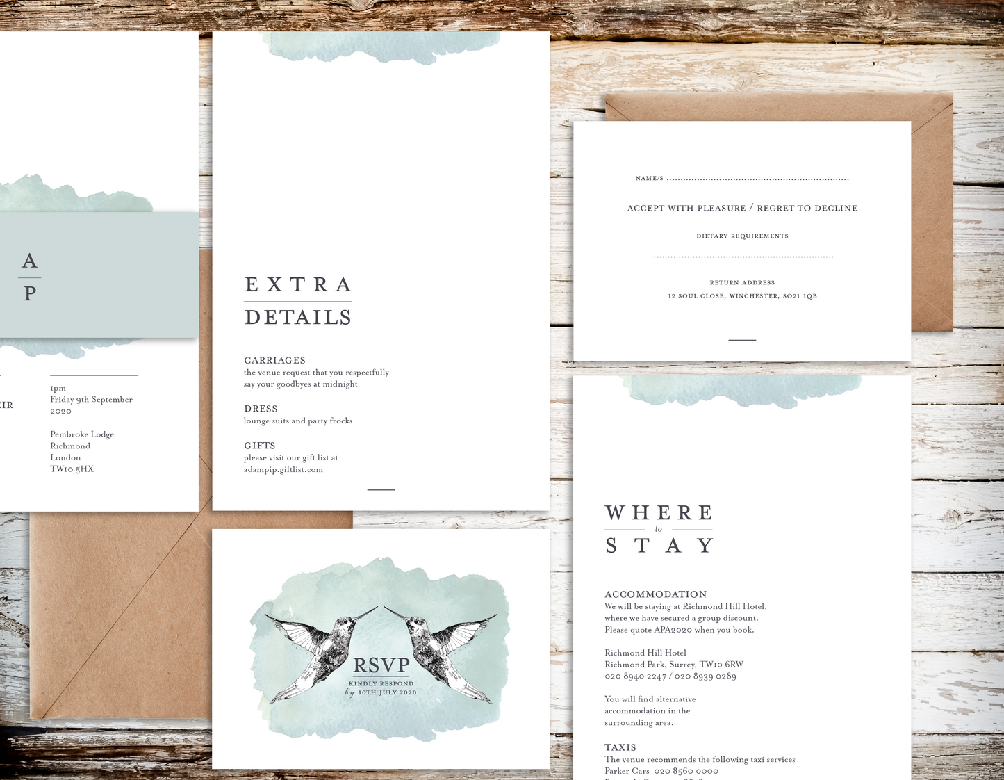 Hummingbird Vintage Themed Customised Wedding Invitation Set