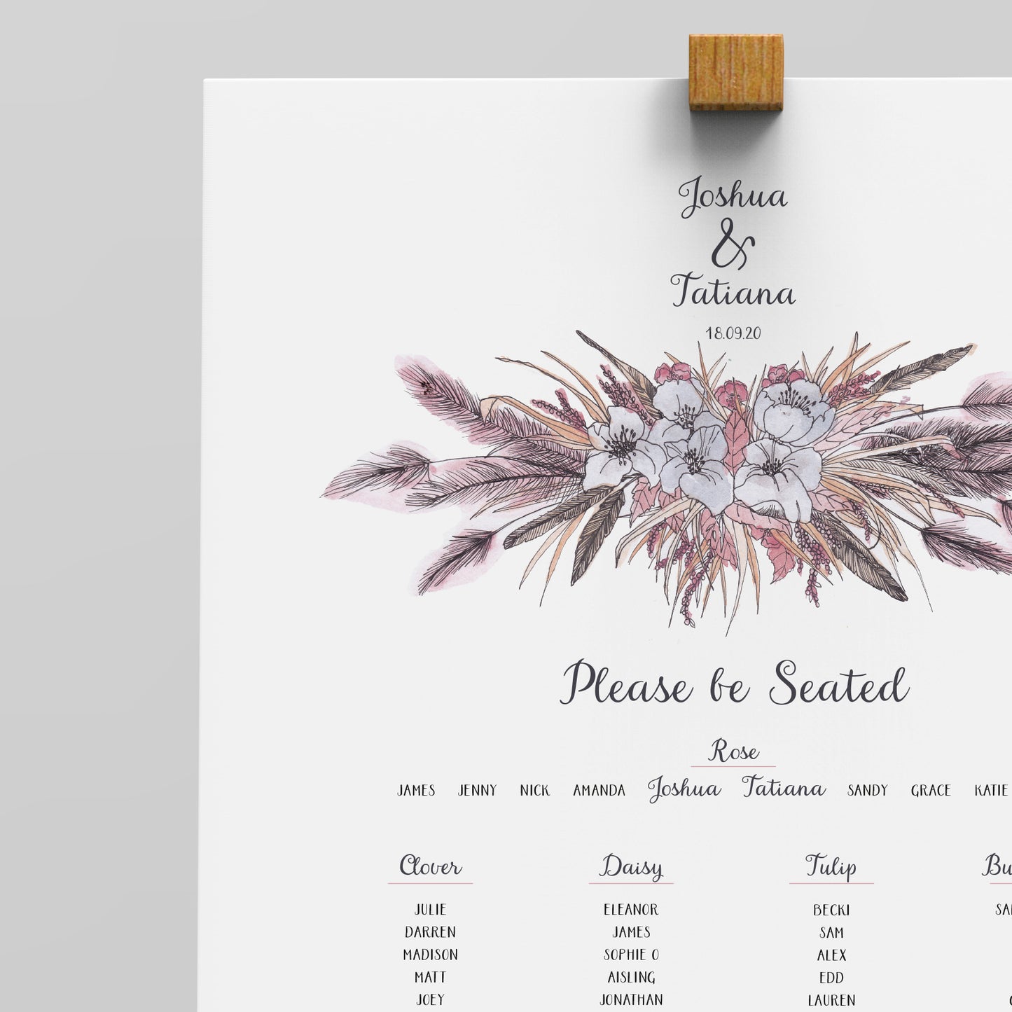 Wedding Table Plan Boho Pampas Grass Cloud
