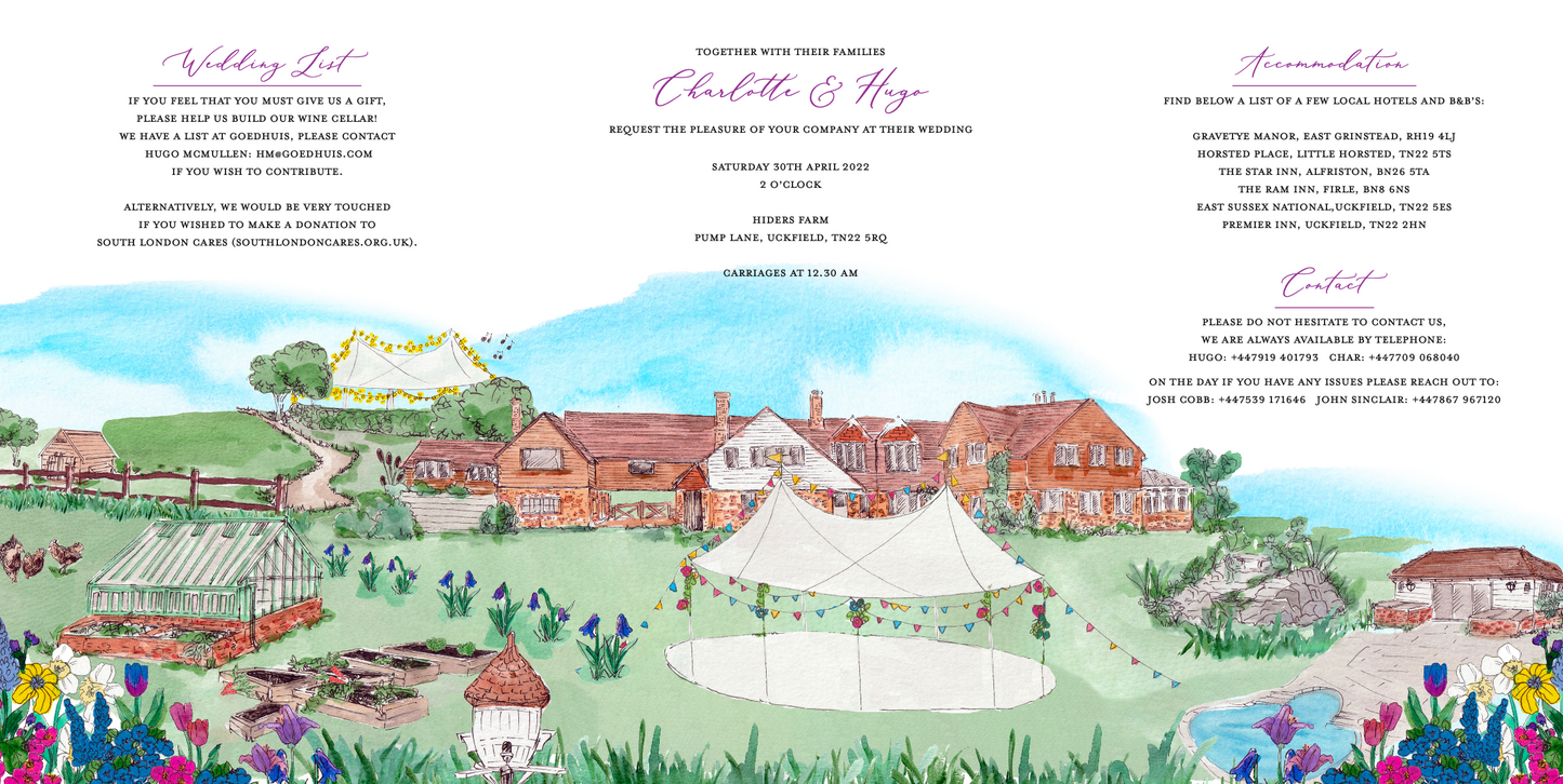 English Country Garden, Rural Countryside Wedding Destination Invitation Design