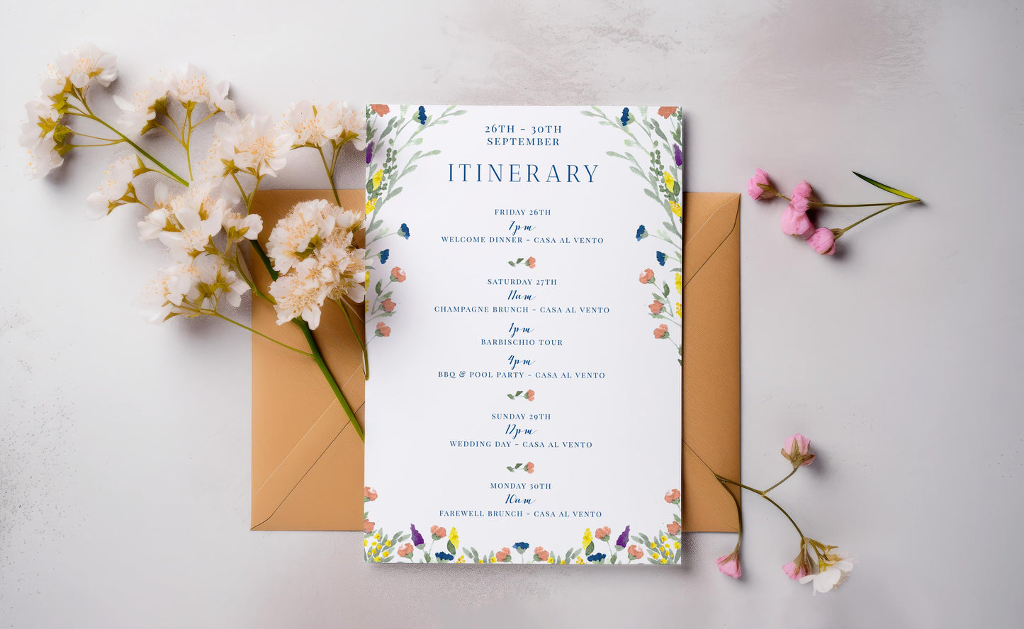 Wildflower Border Wedding Invitation & Itinerary TEMPLATE, Optional Customisation & Print, Tuscan Wedding Invite, Colourful  Printable Elegant EDITABLE Download