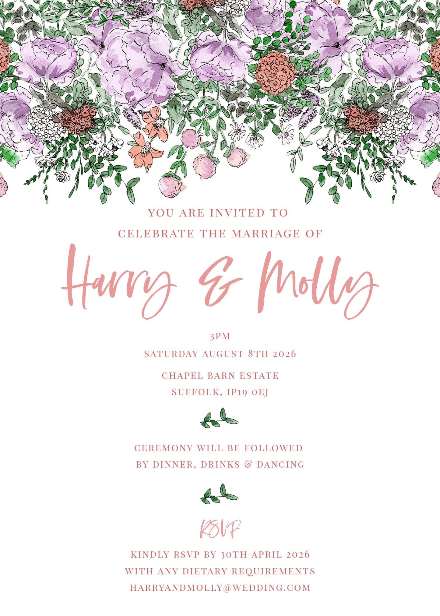Hand Drawn Garden Wildflower Wedding Invitation Template, Optional Customisation & Print, Wedding Invite & Information, Colourful Spring Floral Printable EDITABLE Download