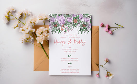 Hand Drawn Garden Wildflower Wedding Invitation Template, Optional Customisation & Print, Wedding Invite & Information, Colourful Spring Floral Printable EDITABLE Download