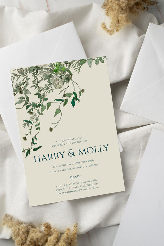 Trailing Vines Wedding Invitation TEMPLATE, Optional Customisation & Print, Hand Drawn Wedding Invite & Information, Printable EDITABLE Download