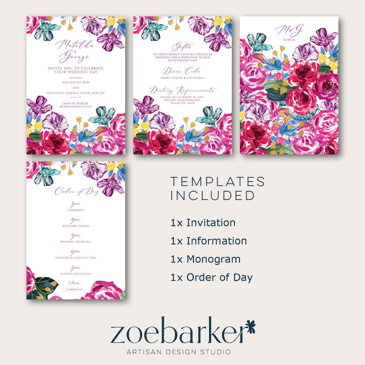 Colourful Floral Wedding Invitation TEMPLATE, Optional Customisation & Print, Bright Wedding Invite, Summer Flowers Printable Elegant EDITABLE Download
