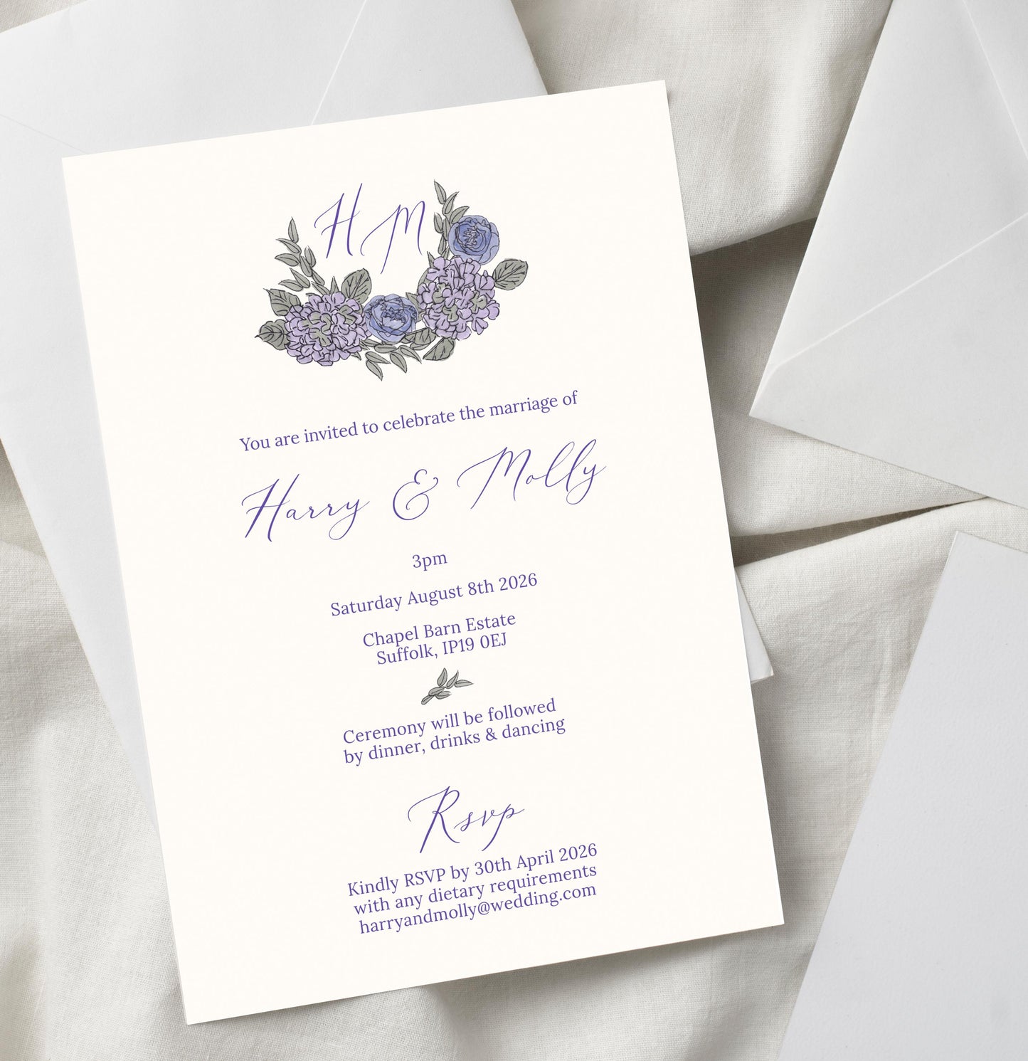 Lilac Floral Motif Wedding Invitation TEMPLATE, Optional Customisation & Print, Monogram Wedding Invite, Lilac Floral Printable Elegant EDITABLE Download