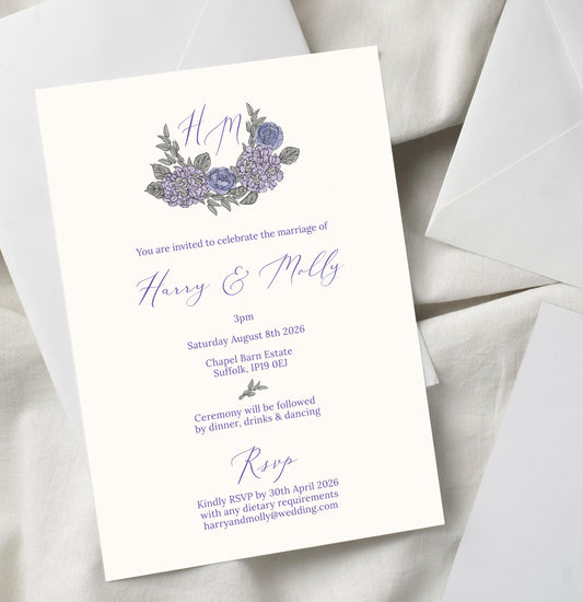 Lilac Floral Motif Wedding Invitation TEMPLATE, Optional Customisation & Print, Monogram Wedding Invite, Lilac Floral Printable Elegant EDITABLE Download
