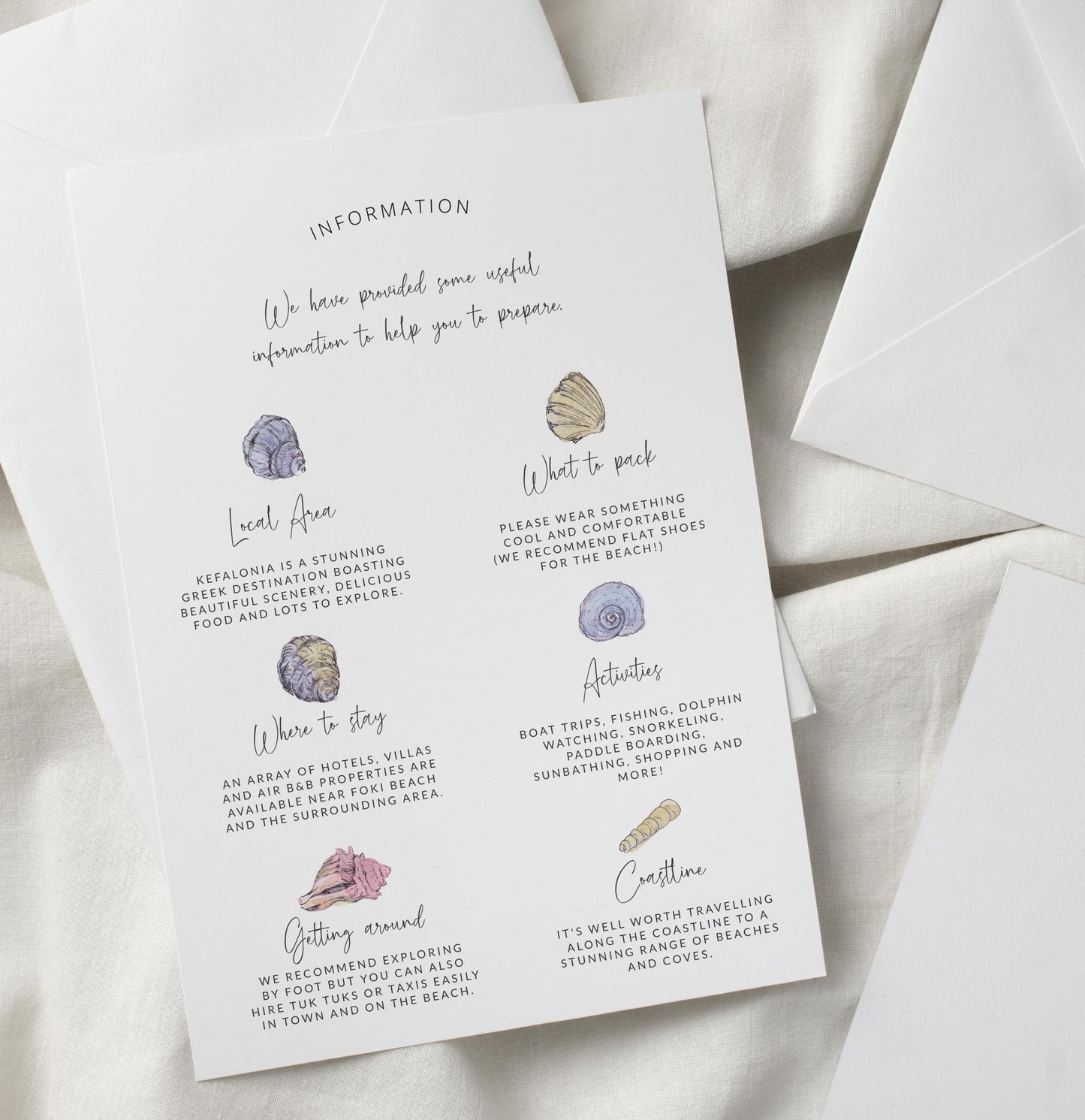 Sea Shells Greek Beach Themed Wedding Invitation with 8 TEMPLATES, Optional Customisation & Print, Wedding Invite, Pastel Coastal Scene Printable Elegant EDITABLE Download