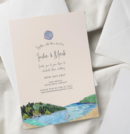 Sea Shells Greek Beach Themed Wedding Invitation with 8 TEMPLATES, Optional Customisation & Print, Wedding Invite, Pastel Coastal Scene Printable Elegant EDITABLE Download