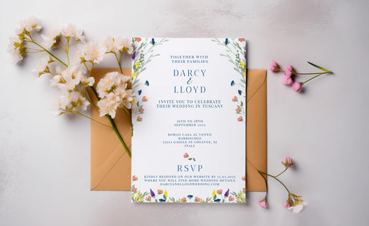 Wildflower Border Wedding Invitation & Itinerary TEMPLATE, Optional Customisation & Print, Tuscan Wedding Invite, Colourful  Printable Elegant EDITABLE Download
