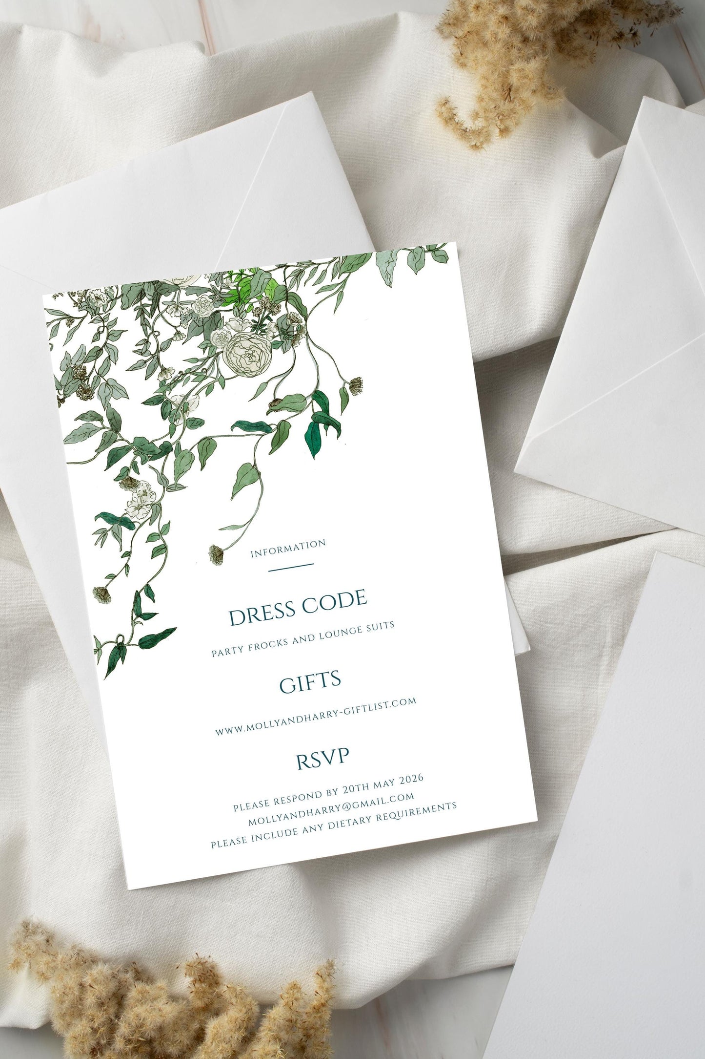 Trailing Vines Wedding Invitation TEMPLATE, Optional Customisation & Print, Hand Drawn Wedding Invite & Information, Printable EDITABLE Download