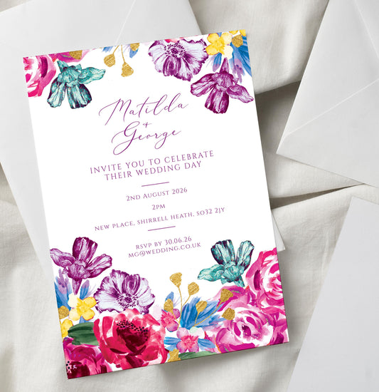 Colourful Floral Wedding Invitation TEMPLATE, Optional Customisation & Print, Bright Wedding Invite, Summer Flowers Printable Elegant EDITABLE Download