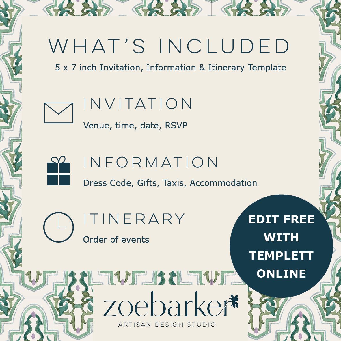 Sea Shells Greek Beach Themed Wedding Invitation with 8 TEMPLATES, Optional Customisation & Print, Wedding Invite, Pastel Coastal Scene Printable Elegant EDITABLE Download