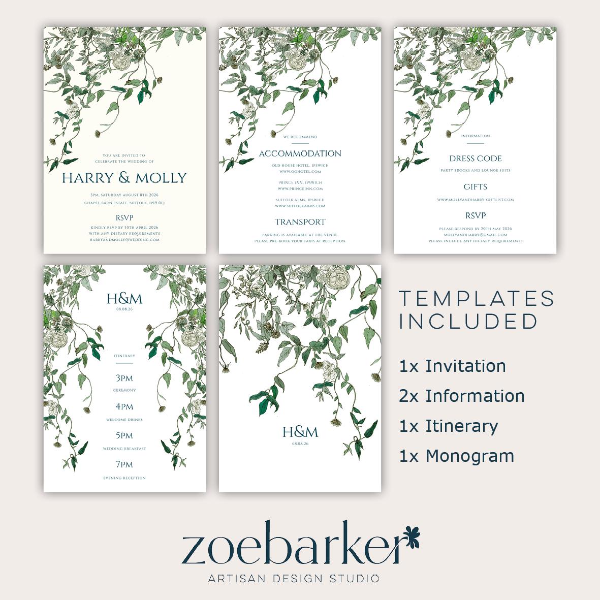 Trailing Vines Wedding Invitation TEMPLATE, Optional Customisation & Print, Hand Drawn Wedding Invite & Information, Printable EDITABLE Download