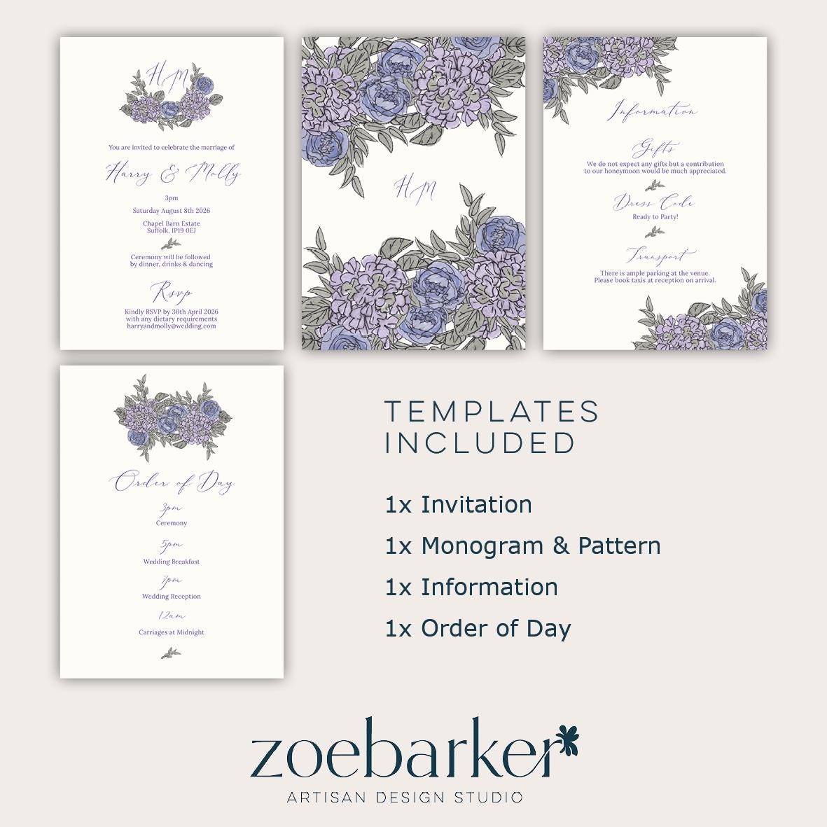Lilac Floral Motif Wedding Invitation TEMPLATE, Optional Customisation & Print, Monogram Wedding Invite, Lilac Floral Printable Elegant EDITABLE Download