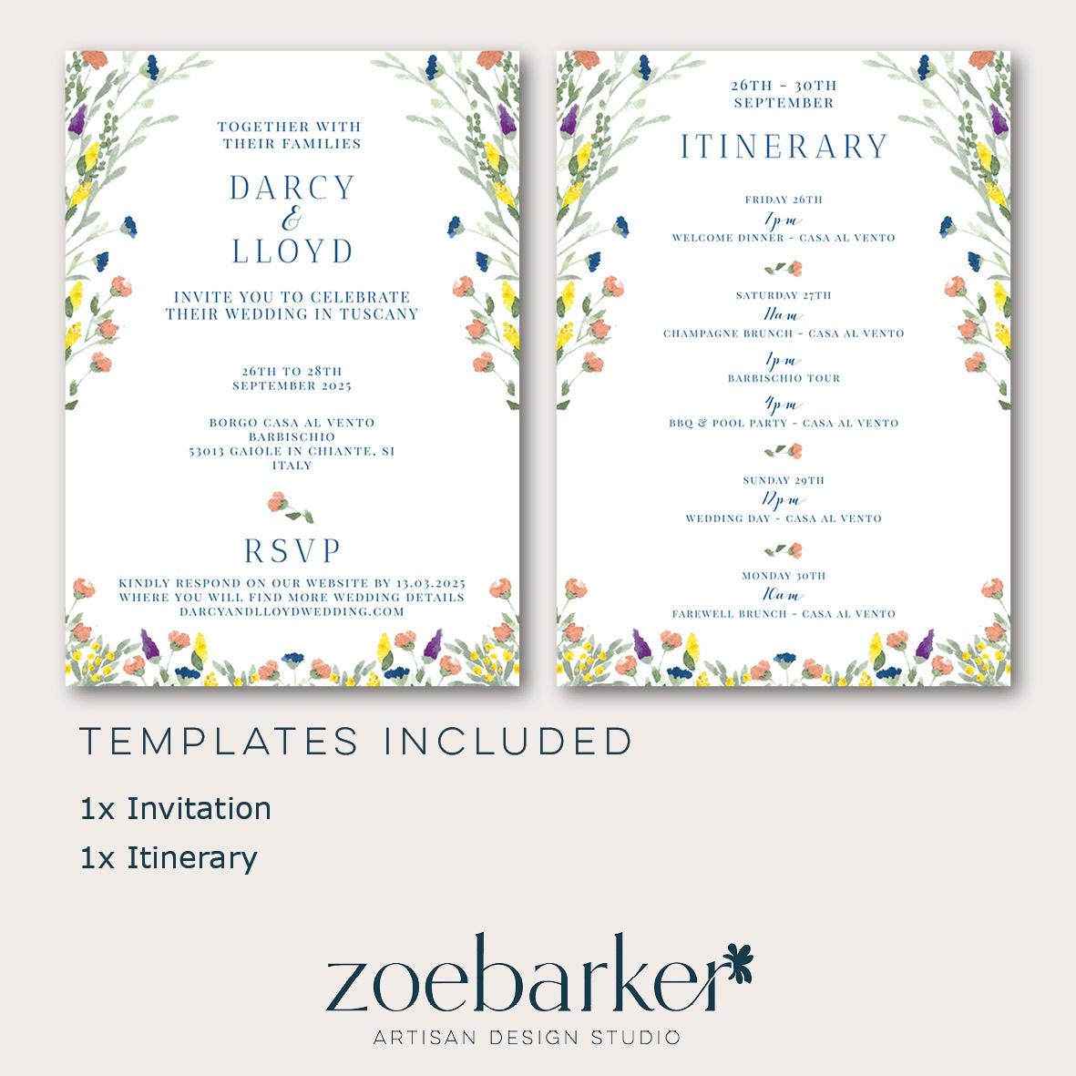 Wildflower Border Wedding Invitation & Itinerary TEMPLATE, Optional Customisation & Print, Tuscan Wedding Invite, Colourful  Printable Elegant EDITABLE Download