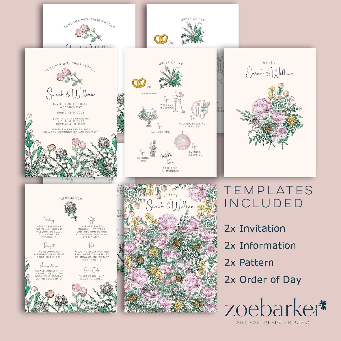 Spring Wildflower Wedding Invitation Suite with 8 TEMPLATES, Optional Customisation & Print, Garden Wedding Invite, Springtime Printable EDITABLE Download