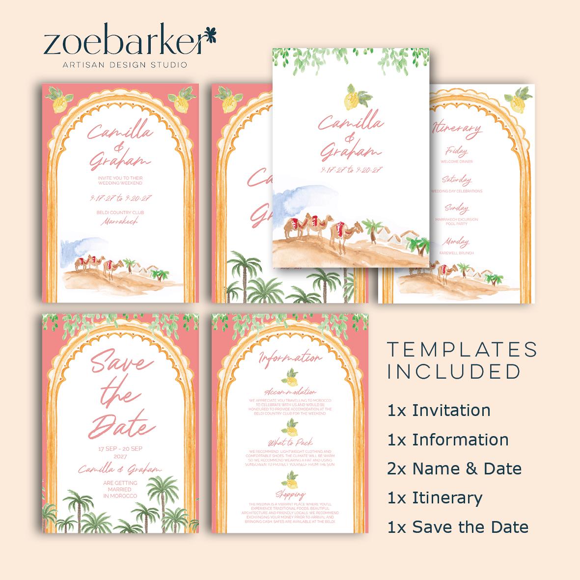 Moroccan Desert Wedding Invitation TEMPLATE, Optional Customisation & Print, Destination Wedding Invite, Marrakech Printable Elegant EDITABLE Download