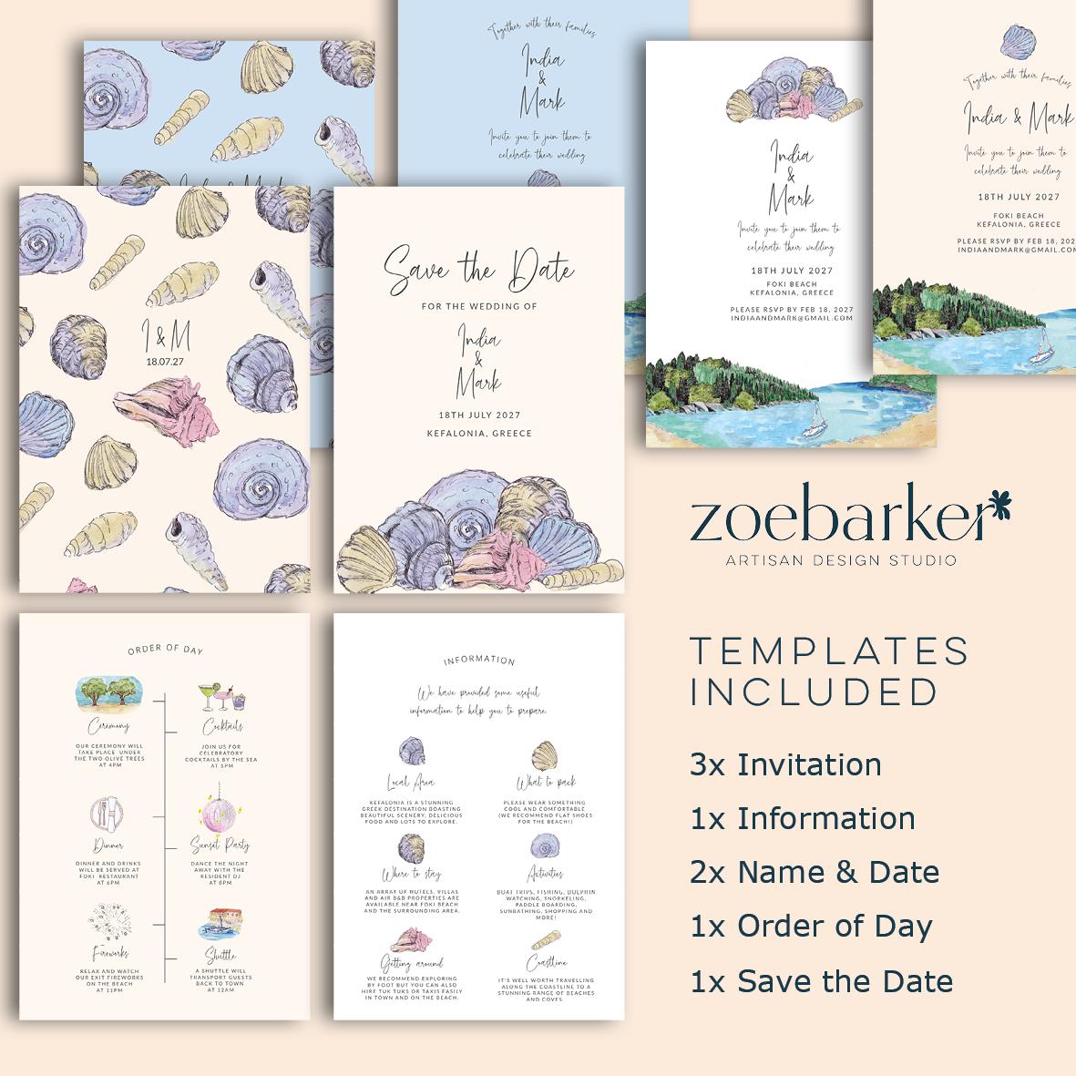 Sea Shells Greek Beach Themed Wedding Invitation with 8 TEMPLATES, Optional Customisation & Print, Wedding Invite, Pastel Coastal Scene Printable Elegant EDITABLE Download