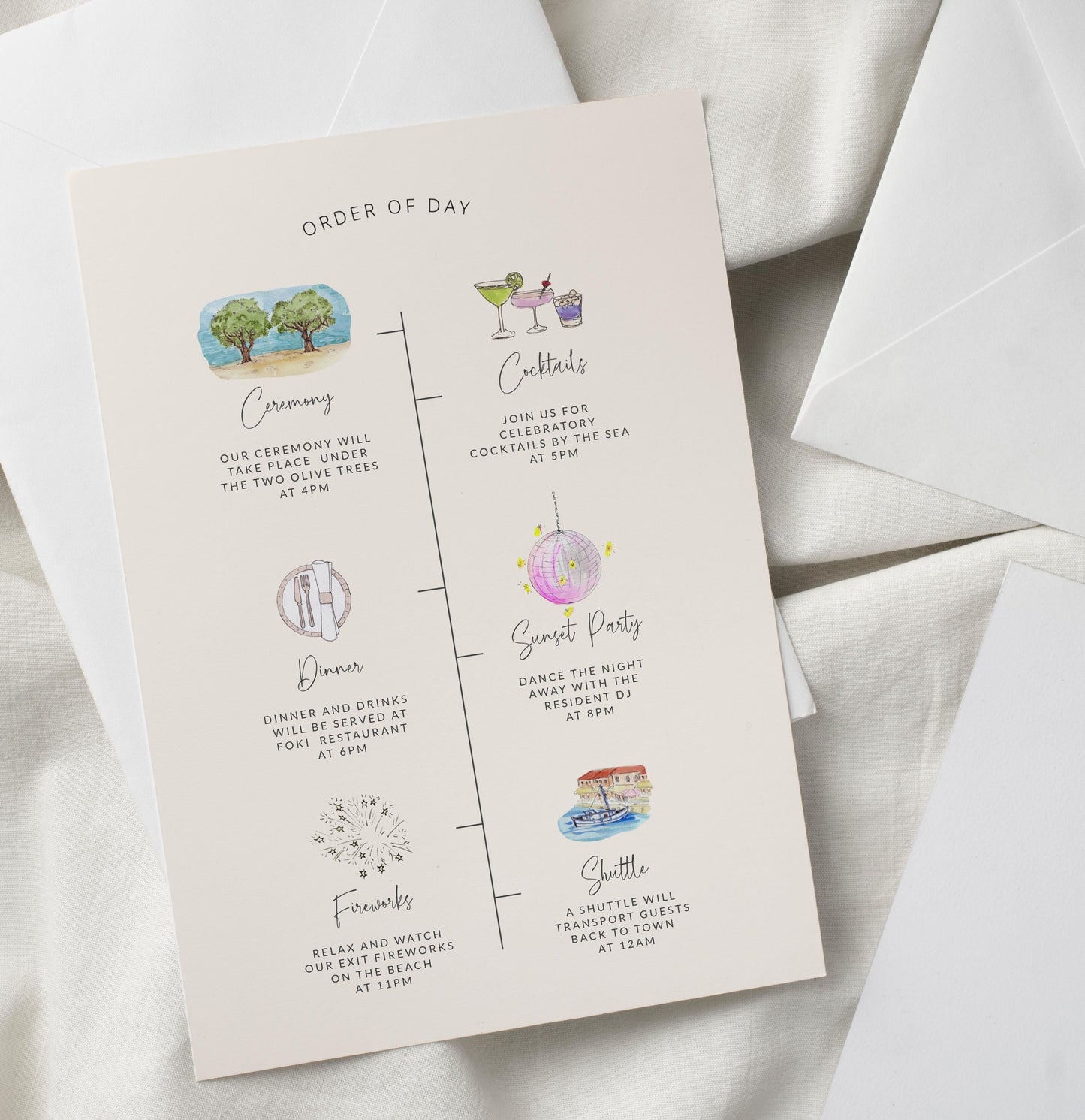 Sea Shells Greek Beach Themed Wedding Invitation with 8 TEMPLATES, Optional Customisation & Print, Wedding Invite, Pastel Coastal Scene Printable Elegant EDITABLE Download